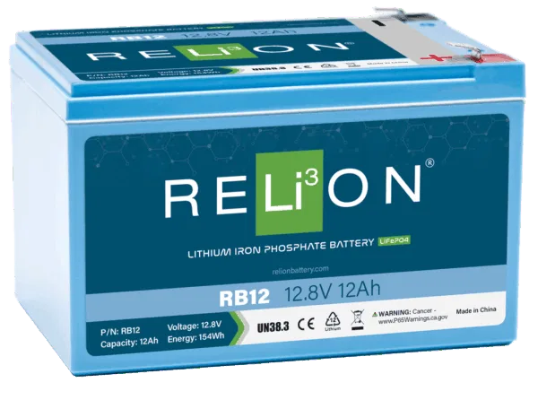 RB12 – RELION Battery, Lithium 12.8 Volt 12 AH Capacity F2 Flat Blade Top Terminals 5.9 Inch Length 3.9 Inch Width 4 ...